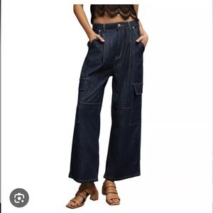 Pilcro Anthropologie Dark Wash Pleated Cargo Low Slung Wide Leg Denim Trouser 30